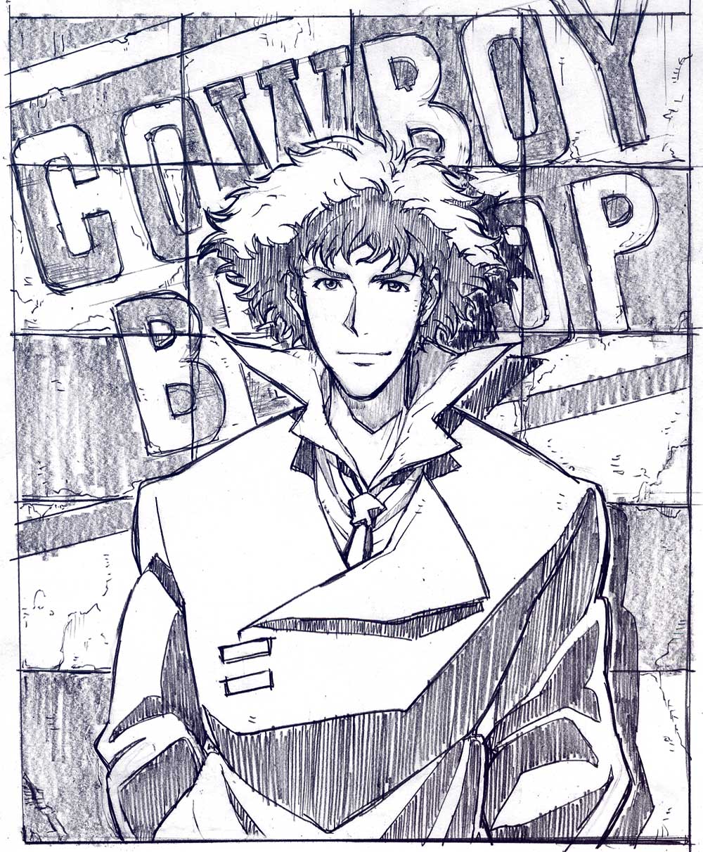 sakino shingetsu, spike spiegel, cowboy bebop, highres, traditional media, 1990s (style), 1boy, blue theme, male focus, monochrome, necktie, sketch, solo