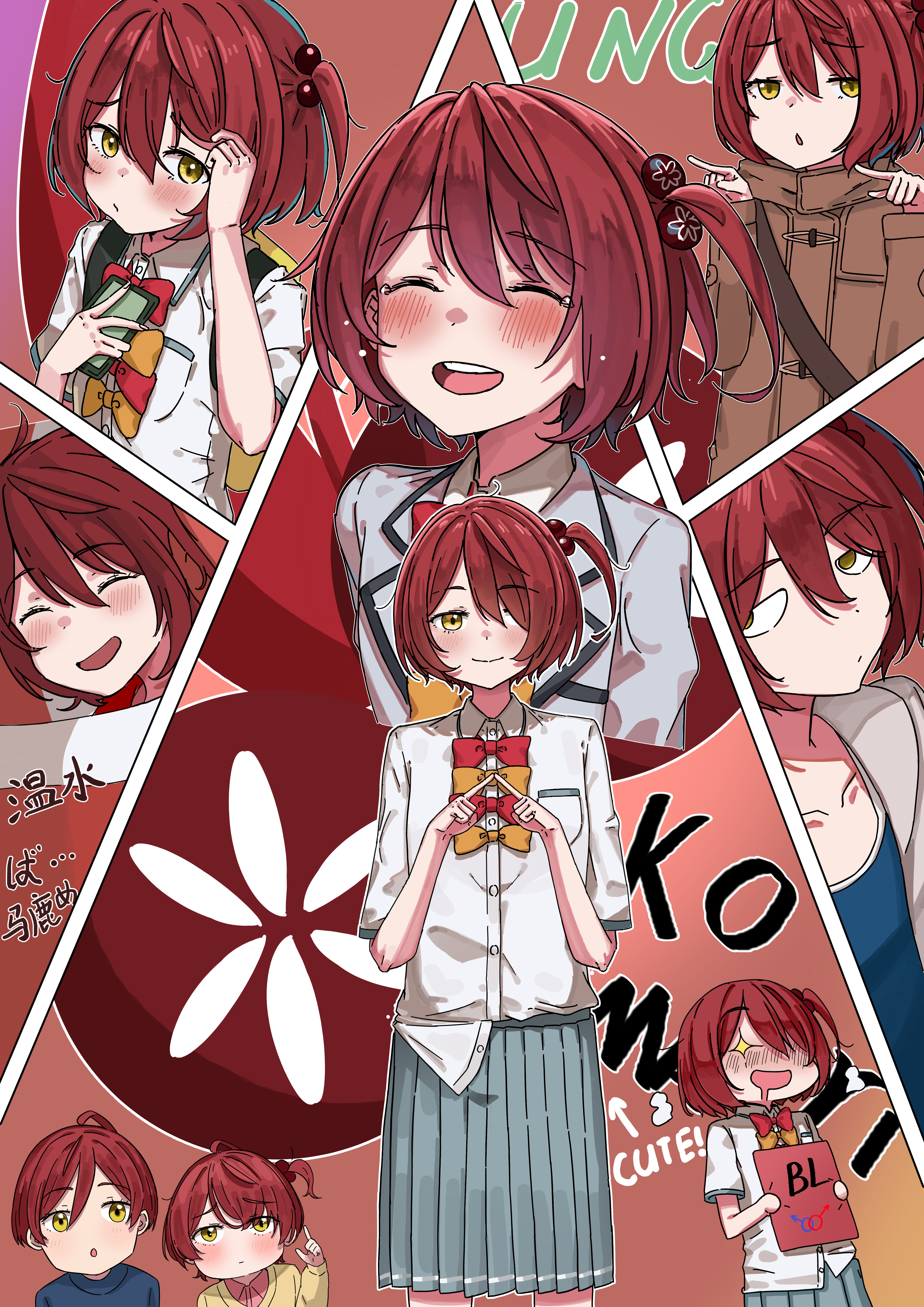 jyuunen-kun, komari chika, make heroine ga oo sugiru!, absurdres, highres, 1boy, 2girls, :d, blush, book, bow, brown coat, coat, grey skirt, hair bobbles, hair ornament, hair over one eye, holding, holding book, holding phone, komari hina, komari susumu, multiple girls, multiple views, one-piece swimsuit, open mouth, phone, pocket, pointing, red bow, school swimsuit, school uniform, shirt, siblings, skirt, smile, swimsuit, tearing up, white shirt, yellow bow, yellow eyes