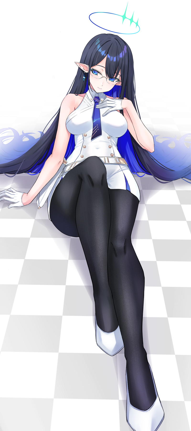 asya, rin (blue archive), blue archive, highres, 1girl, black hair, black pantyhose, blue eyeliner, blue hair, blue halo, blue necktie, checkered floor, collared dress, colored inner hair, dress, eyeliner, full body, glasses, gloves, hair spread out, halo, hand on own chest, knee up, looking to the side, makeup, multicolored hair, necktie, pantyhose, pointy ears, rimless eyewear, sitting, sleeveless, sleeveless dress, solo, white gloves