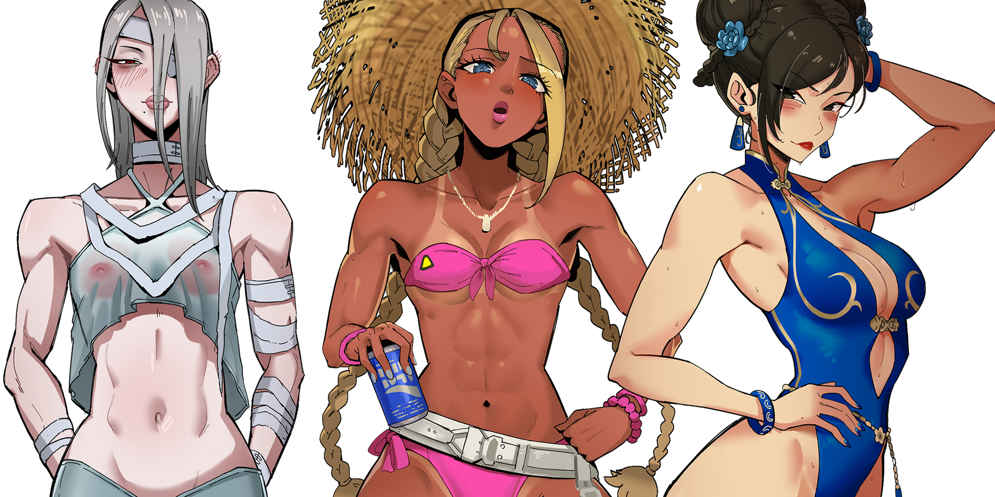 swallowszinan, a.k.i. (street fighter), cammy white, chun-li, capcom, street fighter, street fighter 6, highres, 3girls, bikini, blonde hair, breasts, brown hair, can, cleavage, dark-skinned female, dark skin, grey hair, holding, holding can, multiple girls, nipples, pink bikini, pink lips, smile, sweat, swimsuit, white background