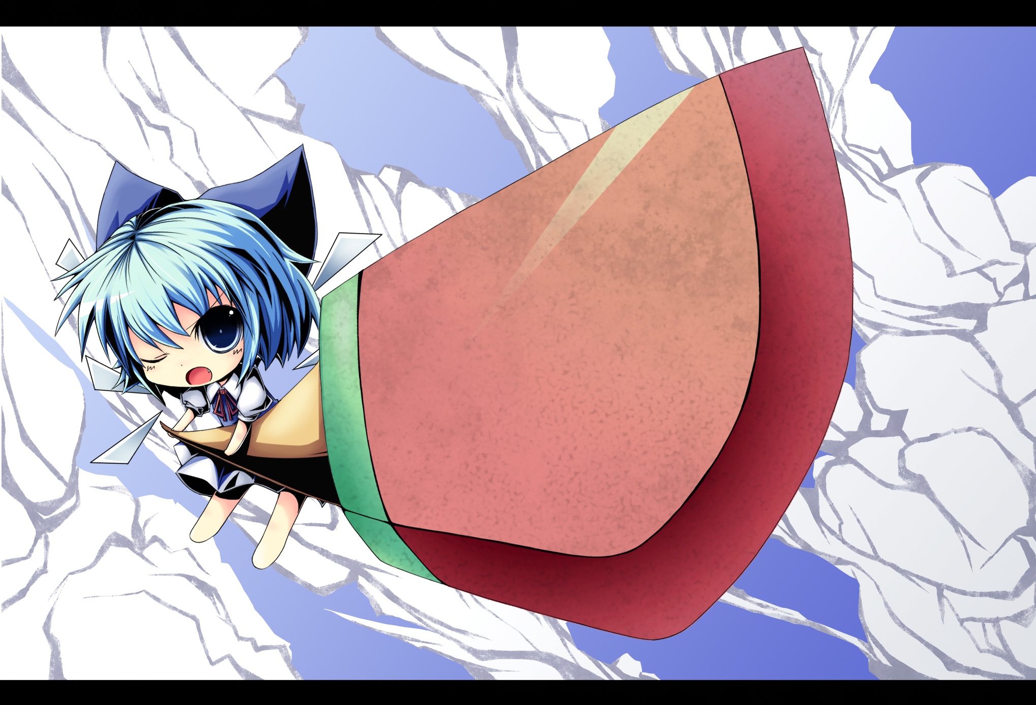 hebereke black, cirno, embodiment of scarlet devil, touhou, highres, 1girl, blue hair, chibi, female focus, food, letterboxed, popsicle, ribbon, sky, solo, sunrise stance, sword, watermelon bar, weapon