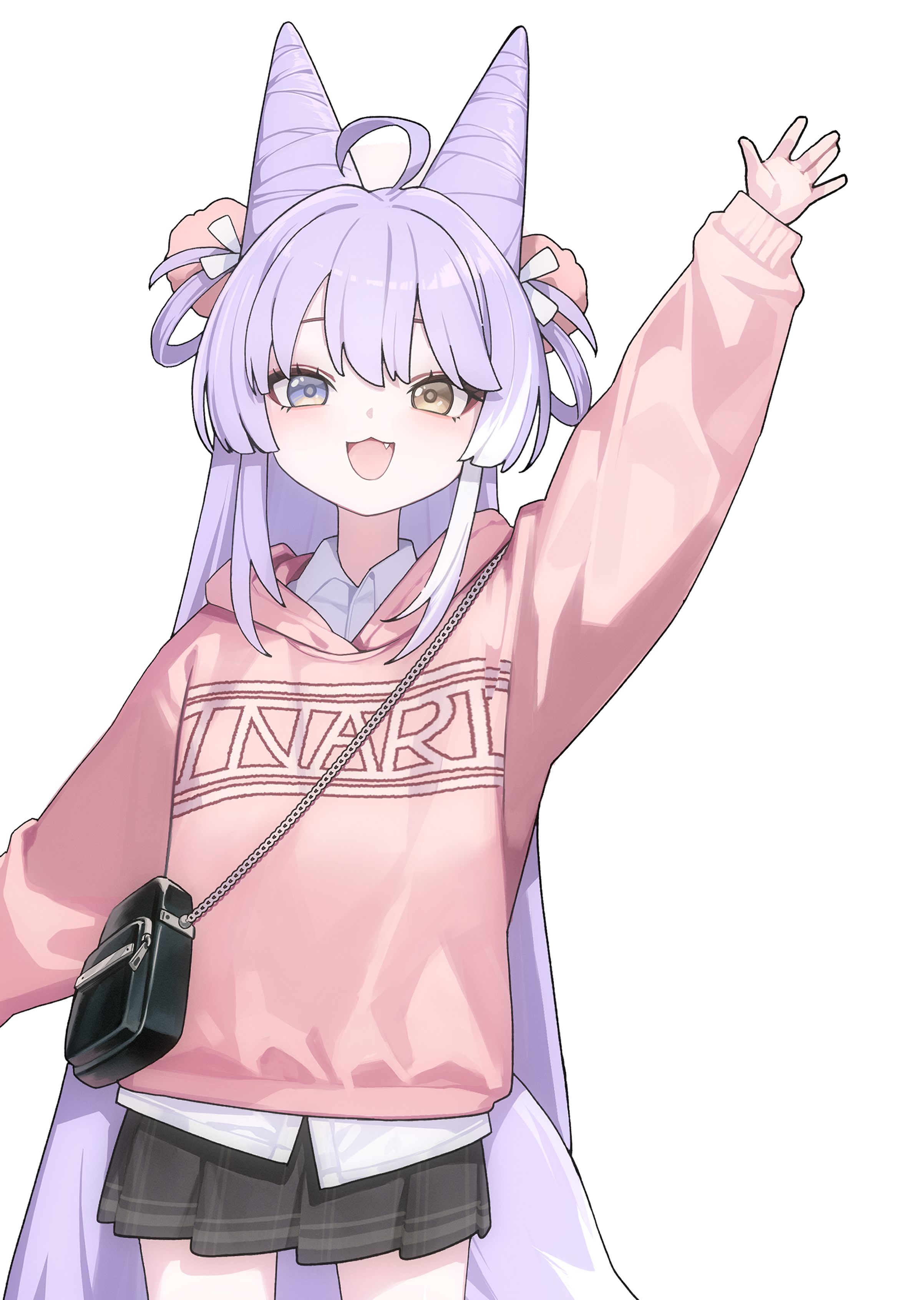 elppi, tenko shibuki, stellive, absurdres, commentary request, highres, korean commentary, 1girl, ahoge, arm up, bag, black skirt, blue eyes, clothes writing, cone hair bun, cowboy shot, double-parted bangs, double bun, hair bun, hair ornament, hair rings, heterochromia, hood, hood down, hoodie, long hair, long sleeves, miniskirt, open mouth, pink hoodie, pleated skirt, pom pom (clothes), pom pom hair ornament, print hoodie, purple hair, shoulder bag, simple background, skirt, smile, solo, standing, straight hair, very long hair, virtual youtuber, waving, white background, yellow eyes