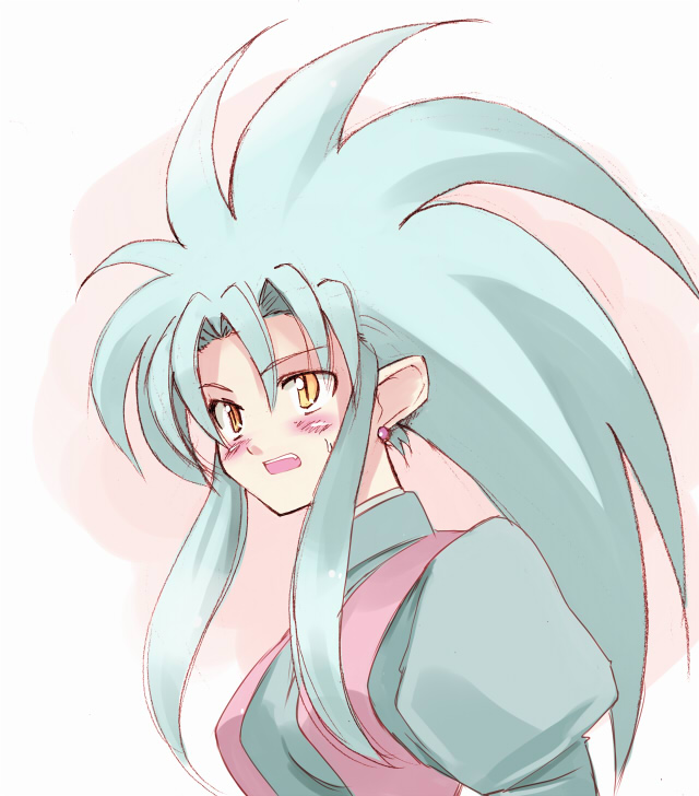 seo tatsuya, ryouko (tenchi muyou!), tenchi muyou!, blue hair, blush, open mouth, solo, yellow eyes