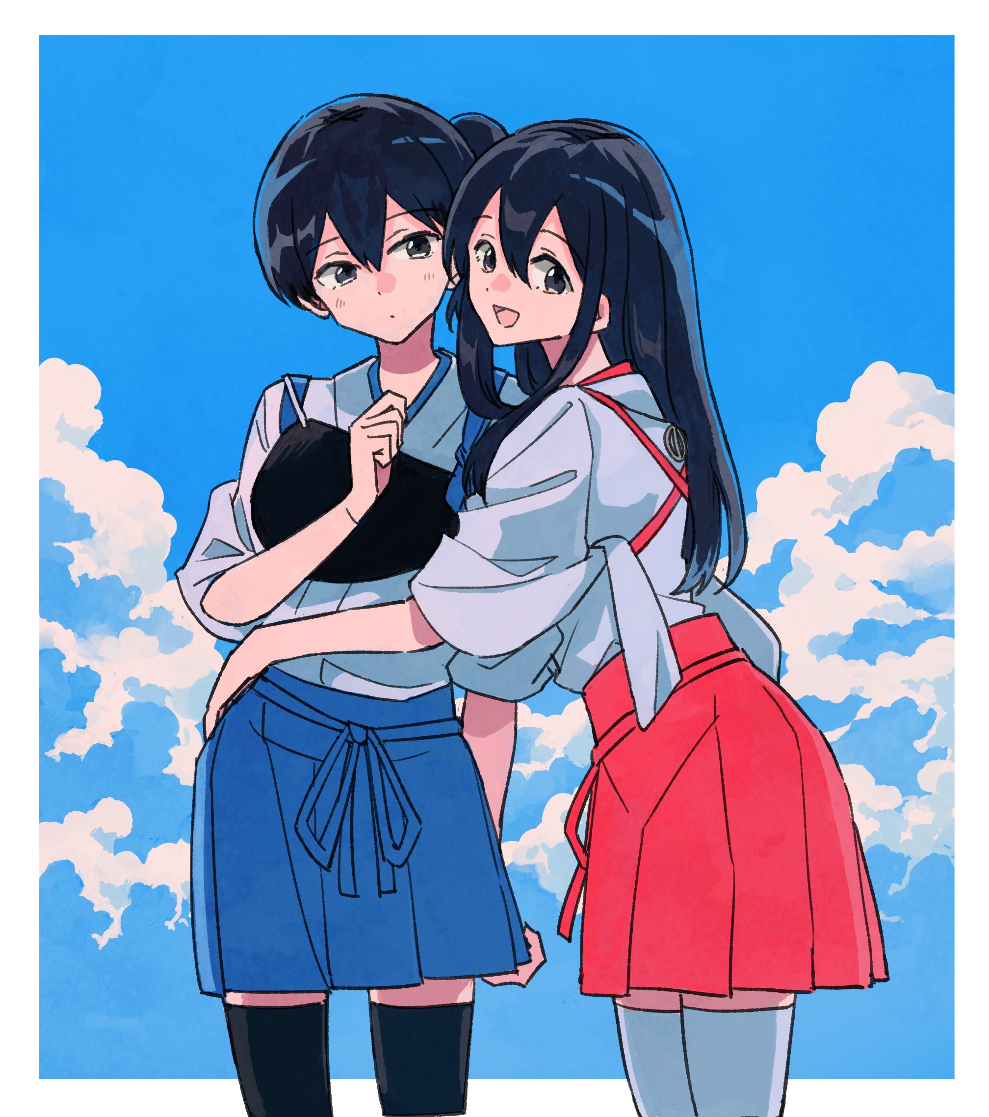 takamachiya, akagi (kancolle), kaga (kancolle), kantai collection, commentary request, commission, highres, skeb commission, 2girls, black hair, black thighhighs, blue kimono, blue sky, closed mouth, cloud, day, hakama, hakama skirt, hand on another's waist, japanese clothes, kimono, long hair, looking at viewer, multiple girls, muneate, open mouth, ponytail, red kimono, side ponytail, skirt, sky, tasuki, thighhighs, white thighhighs