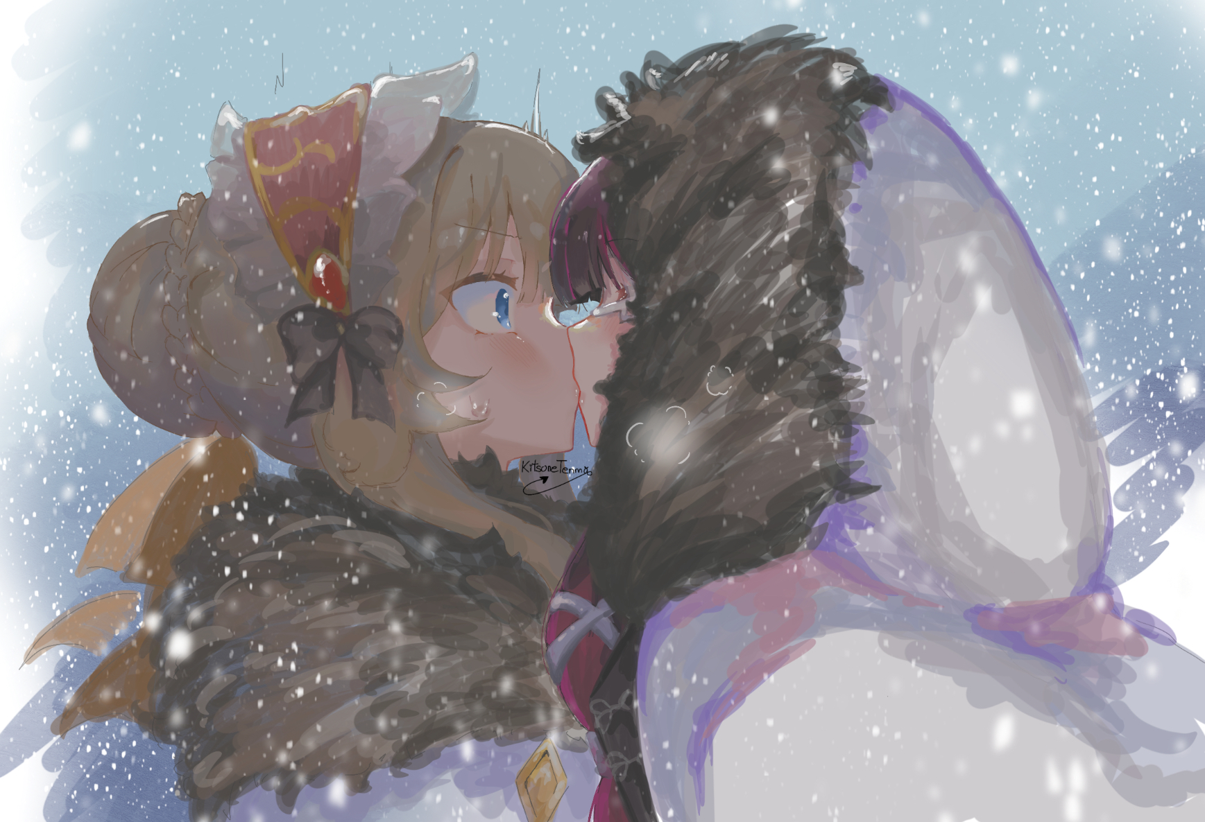 columbina (genshin impact), sandrone (genshin impact), genshin impact, commentary, english commentary, highres, 2girls, black hair, blue eyes, braid, braided bun, brown hair, coat, fur-trimmed coat, fur trim, hair bun, hood, hood up, kiss, kitsunetenma, maid headdress, multiple girls, outdoors, purple streaks, snowing, sweat, white coat, yuri