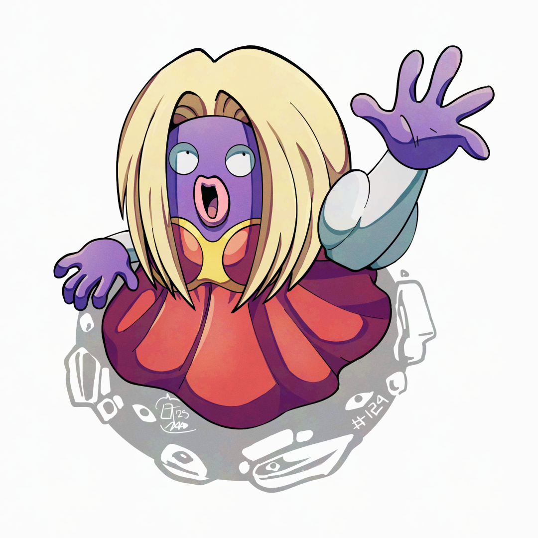 mistray-art, jynx, nintendo, pokemon, 1girl, blonde hair, colored skin, dress, gen 1 pokemon, looking at viewer, numbered, open mouth, pokemon (creature), purple skin, red dress, signature, simple background, solo, white background