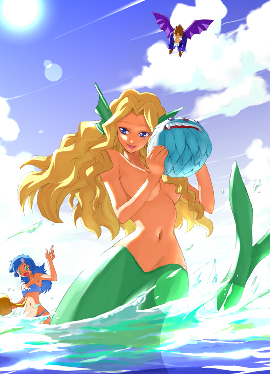 bishamon (darkstalkers), demitri maximoff, pyron, rikuo (darkstalkers), sasquatch (darkstalkers), capcom, darkstalkers, 1boy, 2girls, bikini, blonde hair, blue eyes, blue hair, brazil, breasts, chibi, mermaid, midnight bliss, monster girl, multiple girls, outdoors, sky, swimsuit