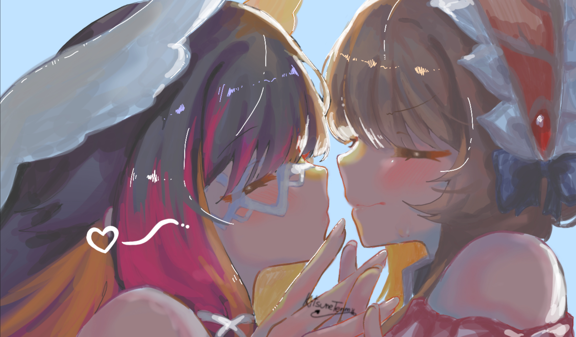 columbina (genshin impact), sandrone (genshin impact), genshin impact, commentary, highres, 2girls, bare shoulders, black hair, blue background, blush, brown hair, closed eyes, closed mouth, heart, holding hands, kitsunetenma, multiple girls, purple streaks, smile, yuri