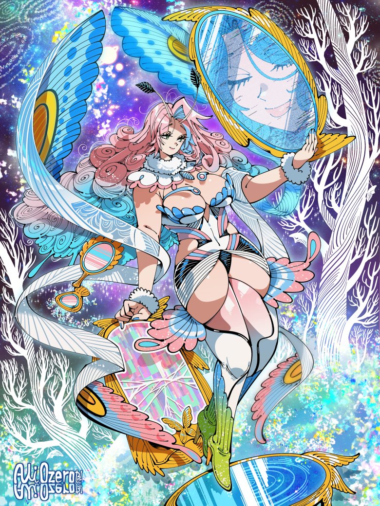kafun, commission, 1girl, antennae, boots, branch, breasts, broken glass, broken mirror, bug, butterfly, butterfly wings, crack, cracked glass, full body, glass, gold, gradient clothes, high heels, huge breasts, insect, insect wings, long hair, mirror, multicolored hair, smile, space, thighhighs, tree, two-tone hair, very long hair, wings