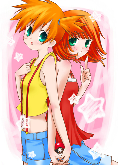 strib und werde, misty (pokemon), nintendo, pokemon, pokemon adventures, bad id, bad pixiv id, 2girls, back-to-back, bare shoulders, blush, crossover, dual persona, green eyes, gym leader, holding, holding hands, holding poke ball, midriff, multiple girls, open mouth, orange hair, parody, poke ball, poke ball (basic), red hair, short hair, shorts, side ponytail, smile, star (symbol), suspenders, time paradox
