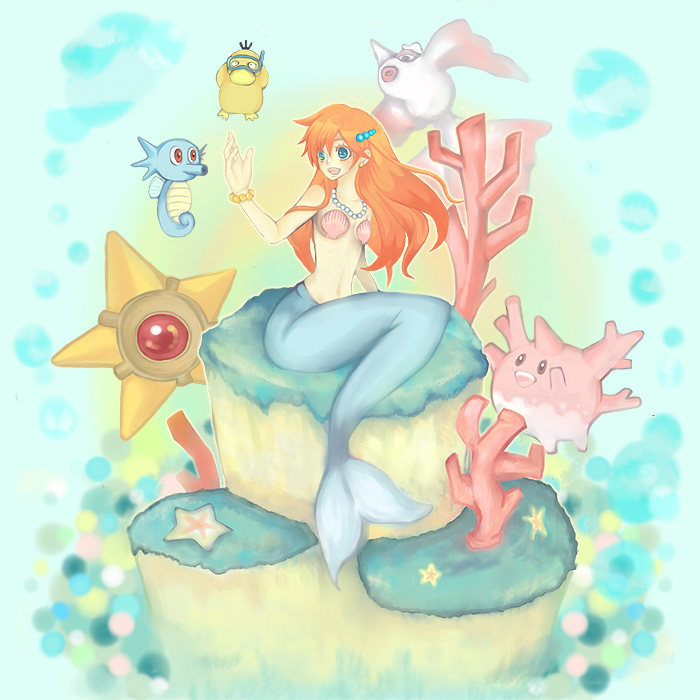 pino picon, corsola, goldeen, horsea, mermaid misty (pokemon), misty (pokemon), psyduck, starmie, nintendo, pokemon, pokemon (anime), bad id, bad pixiv id, 1girl, :d, alternate color, alternate costume, alternate shiny pokemon, bikini, blue eyes, bracelet, coral, costume, gen 1 pokemon, gen 2 pokemon, gym leader, hair ornament, jewelry, long hair, mermaid, monster girl, necklace, open mouth, orange hair, pearl necklace, pokemon (creature), seashell, shell, shell bikini, sitting, smile, snorkel, starfish, tail, underwater