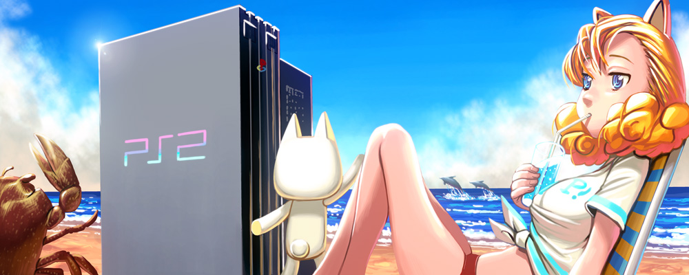 kouno (masao), inoue toro, doko demo issyo, bad id, bad pixiv id, 1girl, animal ears, beach, blue eyes, cat ears, crab, crustacean, curly hair, day, dolphin, drink, drinking straw, female focus, game console, midriff, outdoors, playstation 2, shirt, solo, tied shirt, water