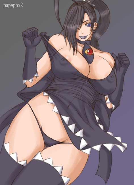 papepox2, kuromaru (mugen), m.u.g.e.n, 1girl, aged up, breasts, dutch angle, female focus, gloves, gradient background, hair over one eye, huge breasts, humanization, long hair, looking at viewer, no bra, panties, simple background, solo, thighhighs, underwear
