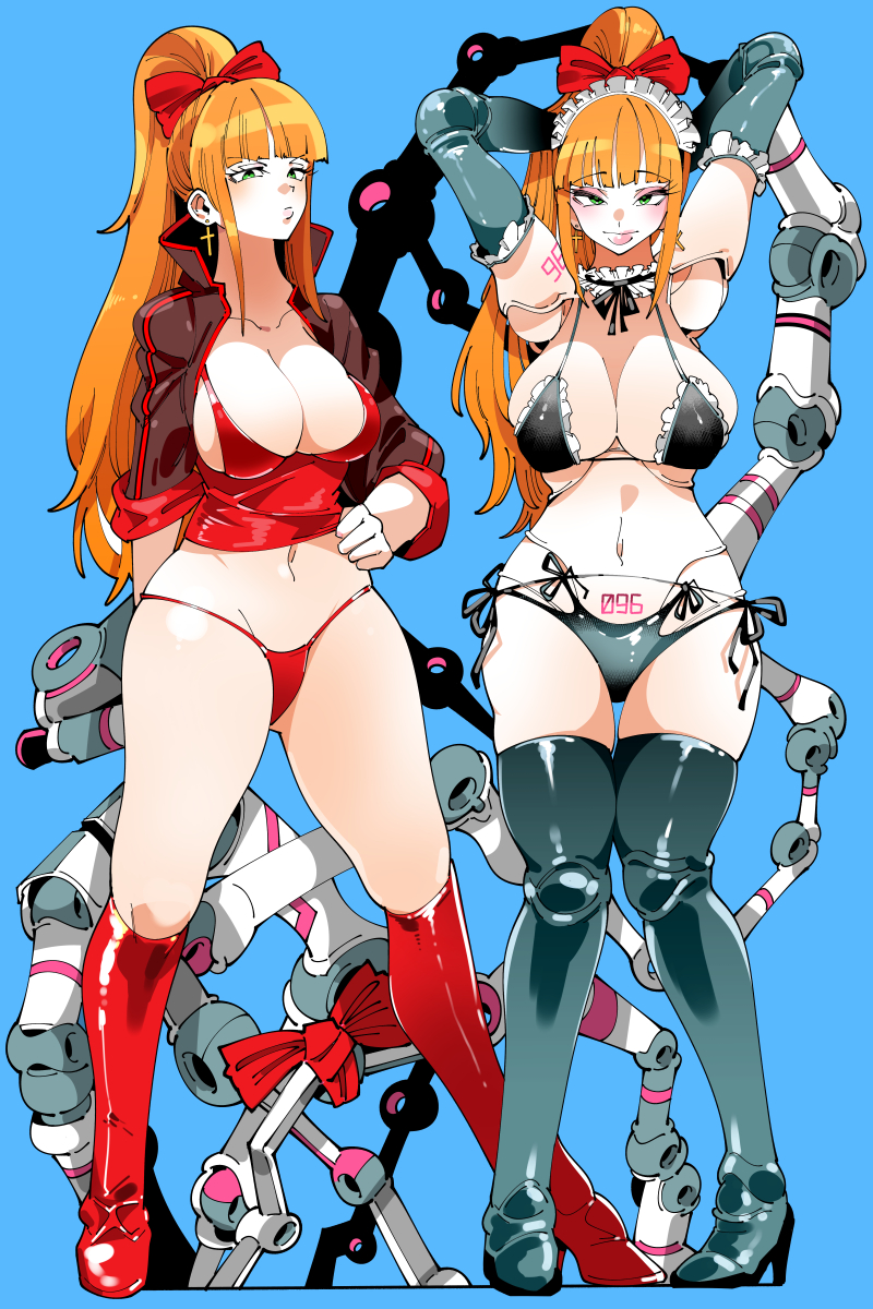 kafun, original, 2girls, armpits, arms behind head, arms up, bikini, blue background, blush, boots, breasts, cross, cross earrings, cyborg, detached sleeves, earrings, extra arms, full body, green eyes, hand on own hip, high heels, huge breasts, jacket, jewelry, joints, large breasts, latex, lips, maid, maid headdress, mechanical arms, micro bikini, multiple girls, navel, number tattoo, orange hair, panties, ponytail, pubic tattoo, serious, shoulder tattoo, siblings, sisters, smile, swimsuit, tattoo, thong, twins, underwear