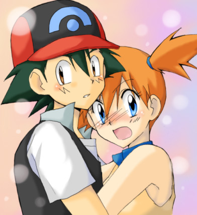 mechakucha, ash ketchum, misty (pokemon), nintendo, pokemon, pokemon (anime), pokemon rse (anime), lowres, 1boy, 1girl, alternate costume, baseball cap, black hair, blue eyes, blush, brown eyes, child, couple, hat, hetero, hug, open mouth, orange hair, short hair, side ponytail, surprised