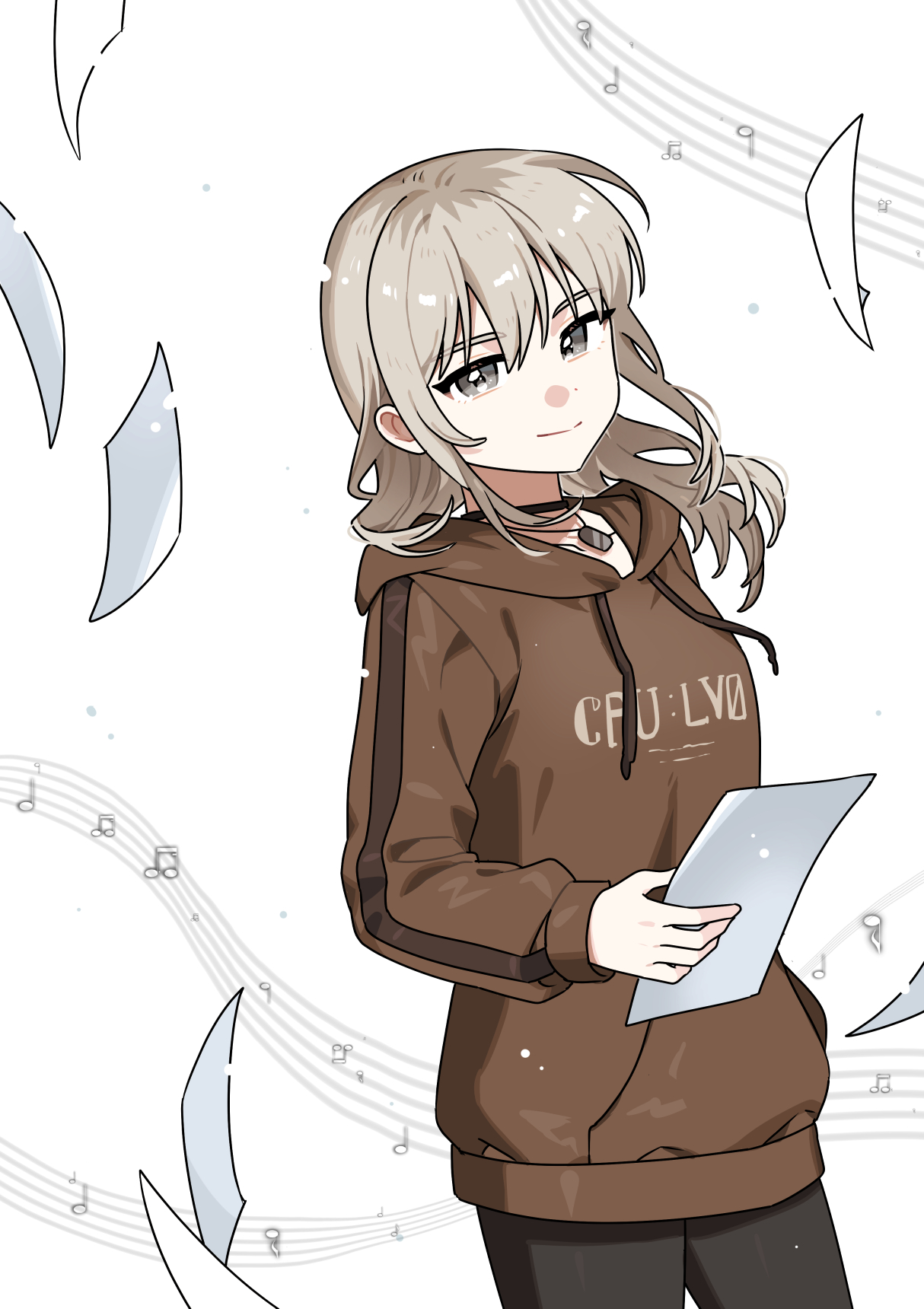 habsida (habsida hpy), kawaragi momoka, girls band cry, commentary, highres, 1girl, black choker, black pants, brown hoodie, choker, closed mouth, drawstring, falling paper, grey eyes, grey hair, holding, holding paper, hood, hoodie, long hair, looking at viewer, multicolored hair, musical staff, pants, paper, roots (hair), smile, solo