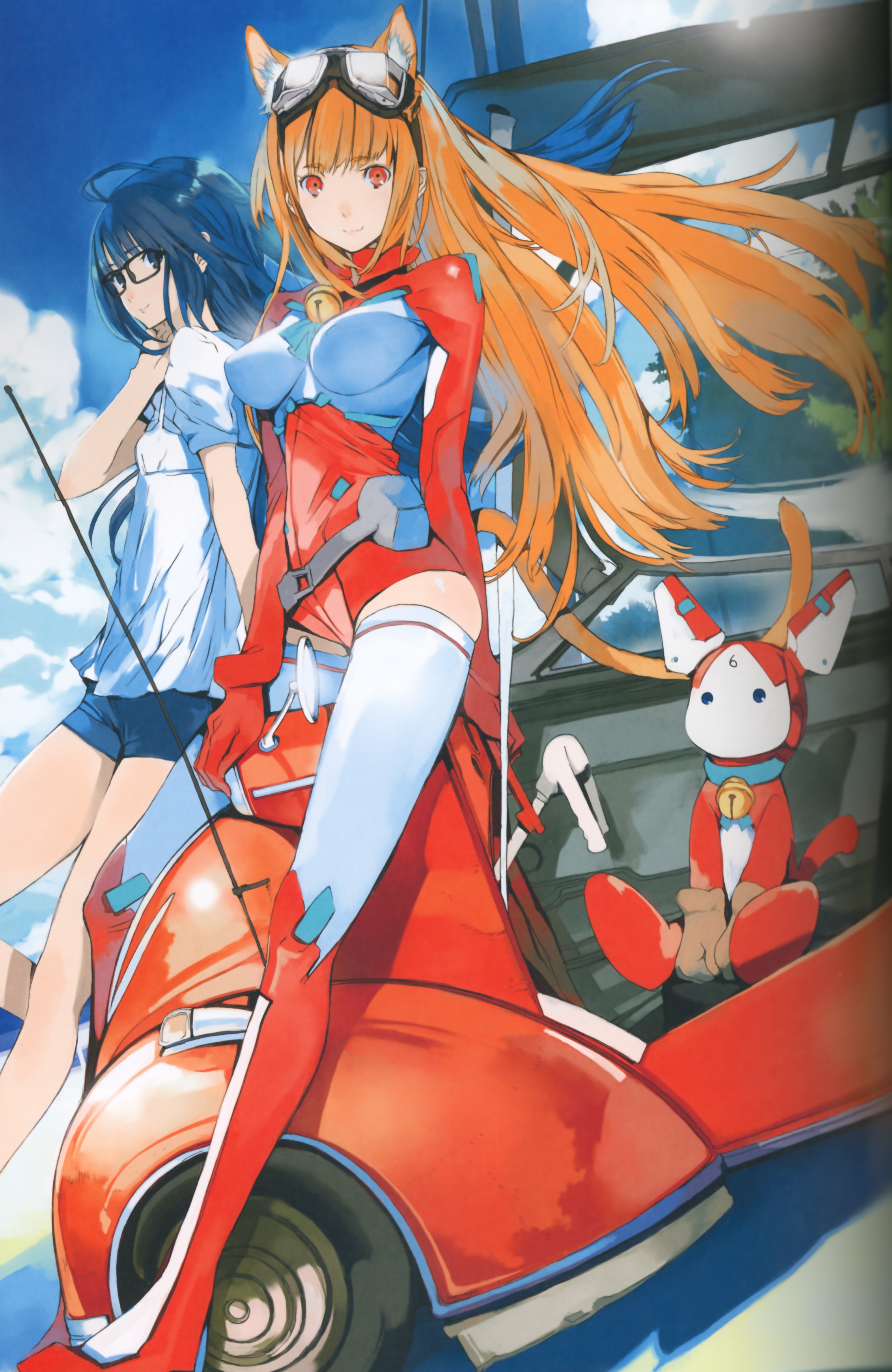 houden eizou, assist-a-roid, assistaroid, eris (asobi ni iku yo!), futaba aoi (asobi ni iku yo!), asobi ni iku yo!, absurdres, highres, 2girls, ahoge, animal ears, bell, blue eyes, blue hair, boots, camisole, car, cat ears, cat tail, cloud, collar, day, flat chest, glasses, goggles, jingle bell, leotard, long hair, motor vehicle, multiple girls, neck bell, orange hair, outdoors, red eyes, robot, scooter, shorts, sky, smile, straddling, tail, thigh boots, thighhighs, very long hair, white thighhighs, wind, zettai ryouiki