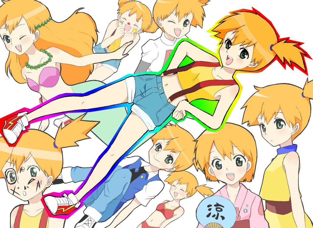 mochi730, ash ketchum, mermaid misty (pokemon), misty (pokemon), nintendo, pokemon, pokemon (anime), pokemon (classic anime), pokemon rse (anime), bad id, bad pixiv id, 1girl, ;d, alternate costume, alternate hairstyle, ash ketchum (cosplay), bikini, blush, body writing, cosplay, drawing on another's face, female focus, flat chest, green eyes, gym leader, hair down, hand fan, japanese clothes, jewelry, kimono, loli, long hair, mermaid, monster girl, multiple persona, necklace, one eye closed, open mouth, orange hair, pigeon-toed, shoes, short hair, side ponytail, smile, sneakers, solo, suspenders, swimsuit, team rocket, team rocket (cosplay), team rocket uniform, wink