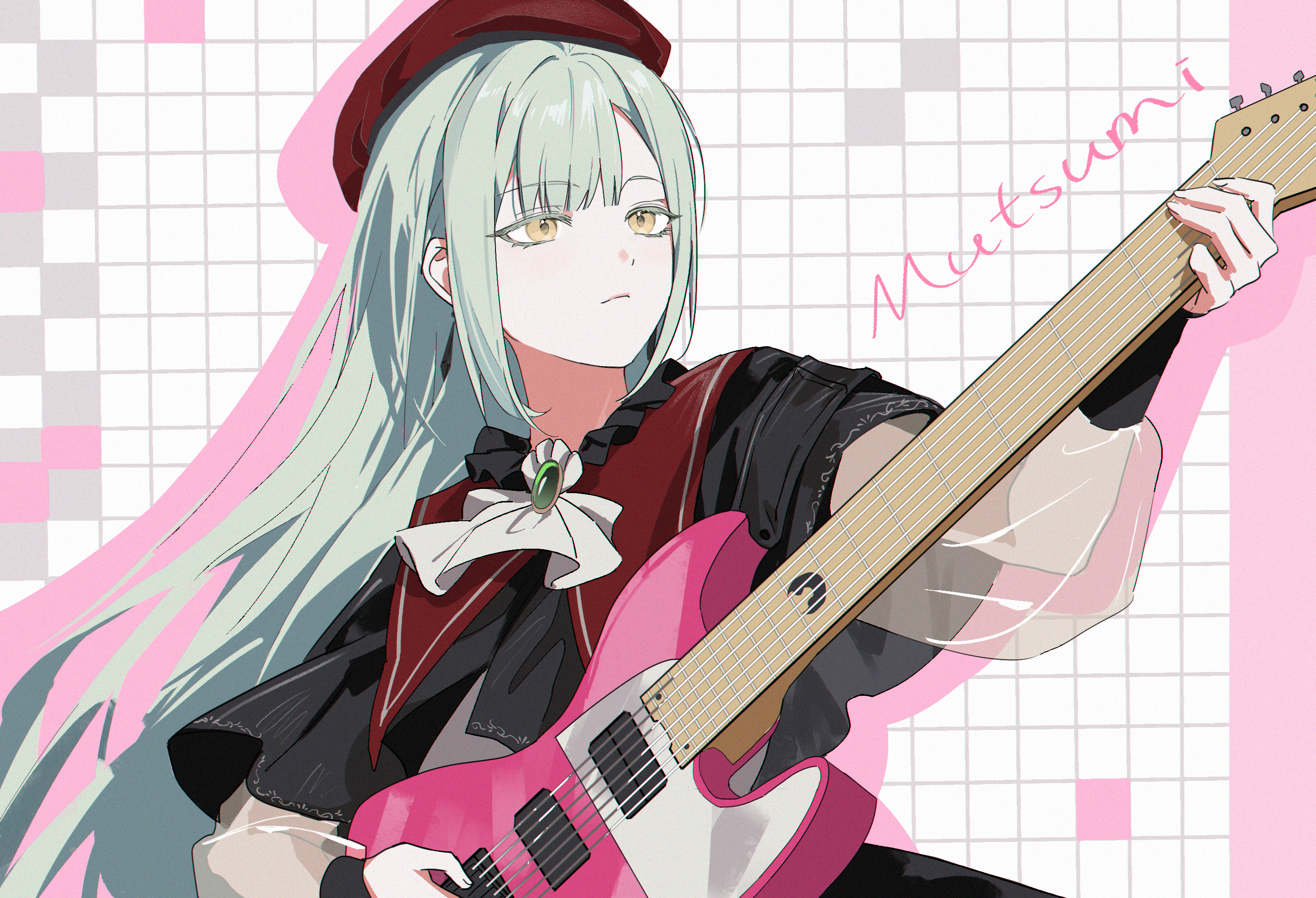 mortis (bang dream!), mortis (costume) (bang dream!), wakaba mutsumi, bang dream!, bang dream! it's mygo!!!!!, chinese commentary, commentary request, highres, 1girl, ascot, beret, black capelet, brooch, capelet, character name, closed mouth, drop shadow, green hair, guitar, haitaer, hat, holding, holding guitar, holding instrument, instrument, jewelry, long hair, long sleeves, music, playing guitar, playing instrument, red hat, see-through clothes, see-through sleeves, sidelocks, solo, upper body, white ascot, yellow eyes