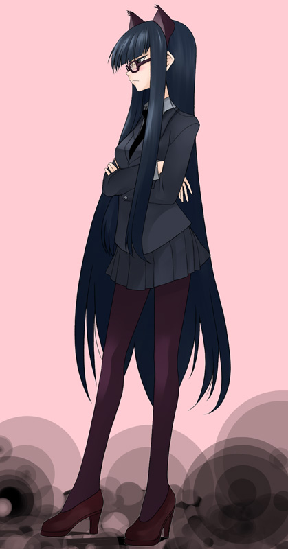 amano hosikawa, female protagonist (houkago play), houkago play, 1girl, animal ears, black hair, cat ears, crossed arms, female focus, glasses, high heels, kemonomimi mode, long hair, miniskirt, necktie, pantyhose, profile, school uniform, shoes, skirt, solo, very long hair