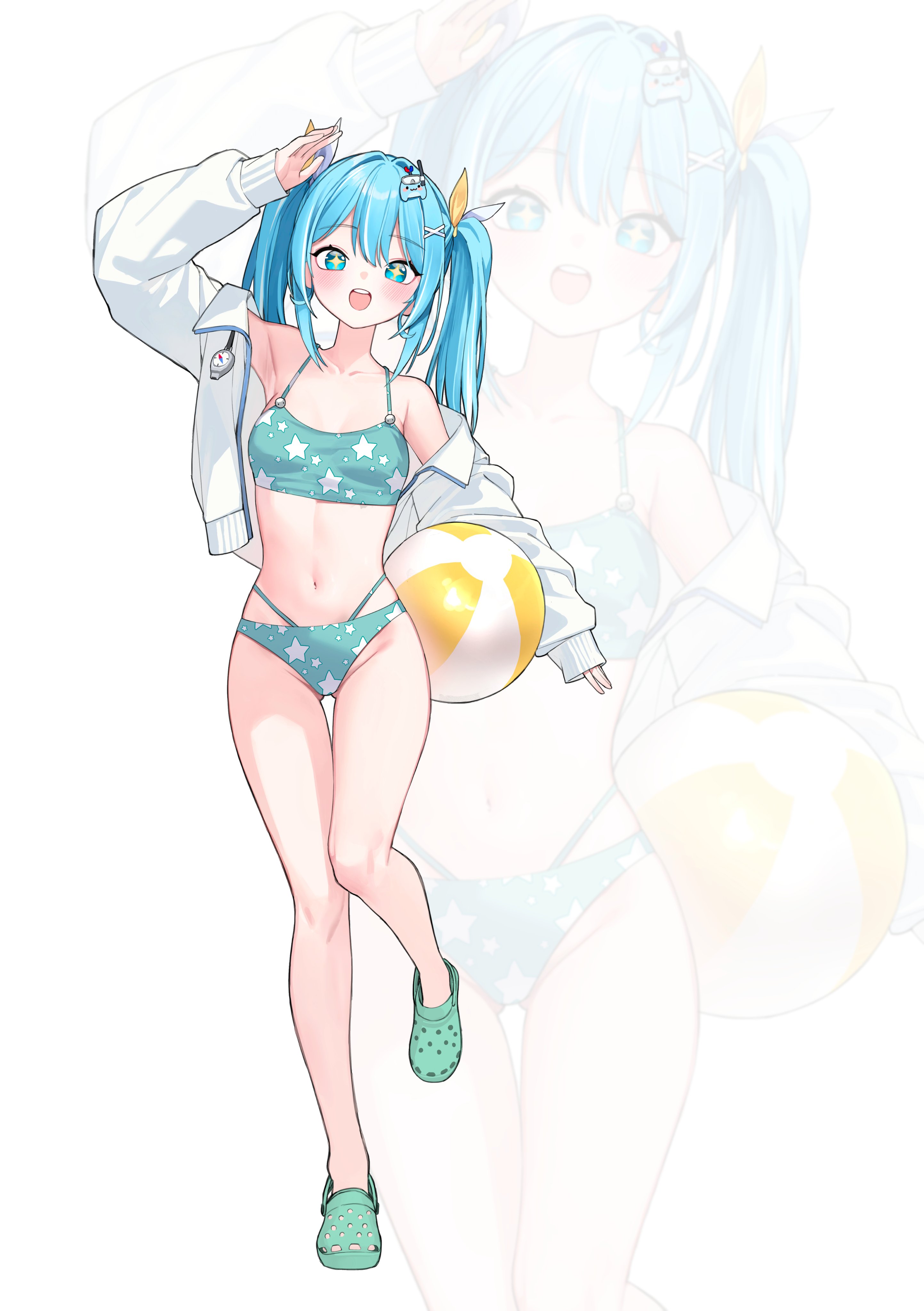 elppi, arahashi tabi, stellive, absurdres, commentary request, highres, korean commentary, 1girl, :o, aqua bikini, arm up, armpits, ball, beachball, bikini, blue eyes, blue hair, crocs, green shoes, groin, holding, holding ball, holding beachball, jacket, leg up, long hair, long sleeves, looking at viewer, multicolored hair, navel, open clothes, open jacket, open mouth, print bikini, shoes, single off shoulder, sleeves past wrists, solo, standing, standing on one leg, star-shaped pupils, star (symbol), star print, star print bikini, stomach, streaked hair, swimsuit, symbol-shaped pupils, twintails, virtual youtuber, white background, white jacket, zoom layer