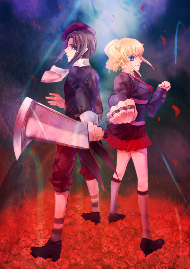 midorigawa, midorigawa akari, kanon (umineko), ushiromiya jessica, umineko no naku koro ni, bad id, bad pixiv id, 00s, 1boy, 1girl, billhook, black hair, blonde hair, brass knuckles, hashitsuki nata, hat, hatchet, nata (tool), ponytail, skirt, weapon