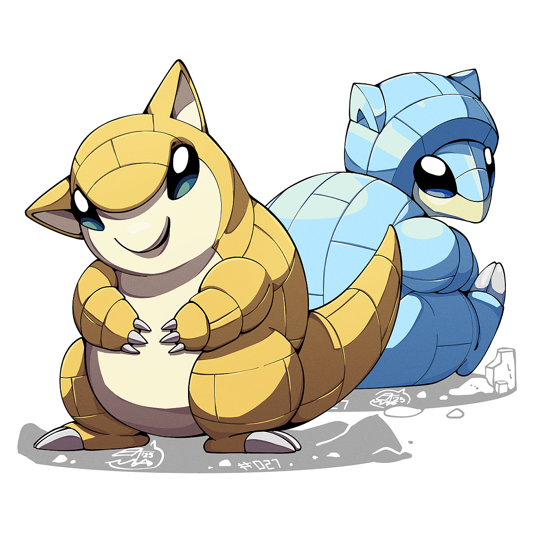 mistray-art, alolan sandshrew, sandshrew, nintendo, pokemon, commentary, english commentary, alolan form, claws, full body, gen 1 pokemon, gen 7 pokemon, looking at viewer, looking back, no humans, numbered, pokemon (creature), regional and normal, signature, simple background, sitting, tail, white background