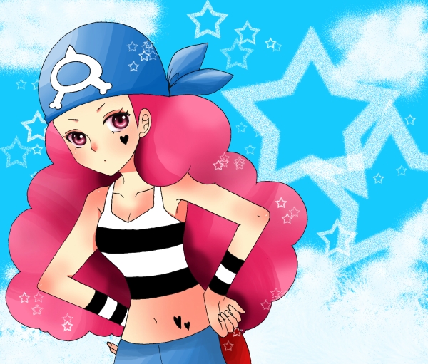 ageha, shelly (pokemon), nintendo, pokemon, pokemon rse, bad id, bad pixiv id, 00s, 1girl, bandana, blush, breasts, cleavage, female focus, hands on own hips, heart, long hair, midriff, navel, pink eyes, red hair, small breasts, solo, star (symbol), team aqua, upper body