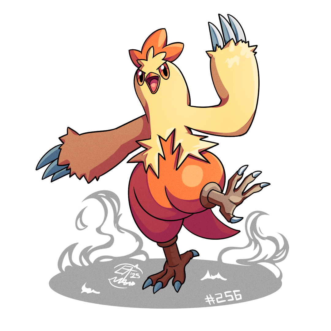 mistray-art, combusken, nintendo, pokemon, beak, claws, gen 3 pokemon, looking at viewer, no humans, numbered, open mouth, pokemon (creature), signature, simple background, solo, white background