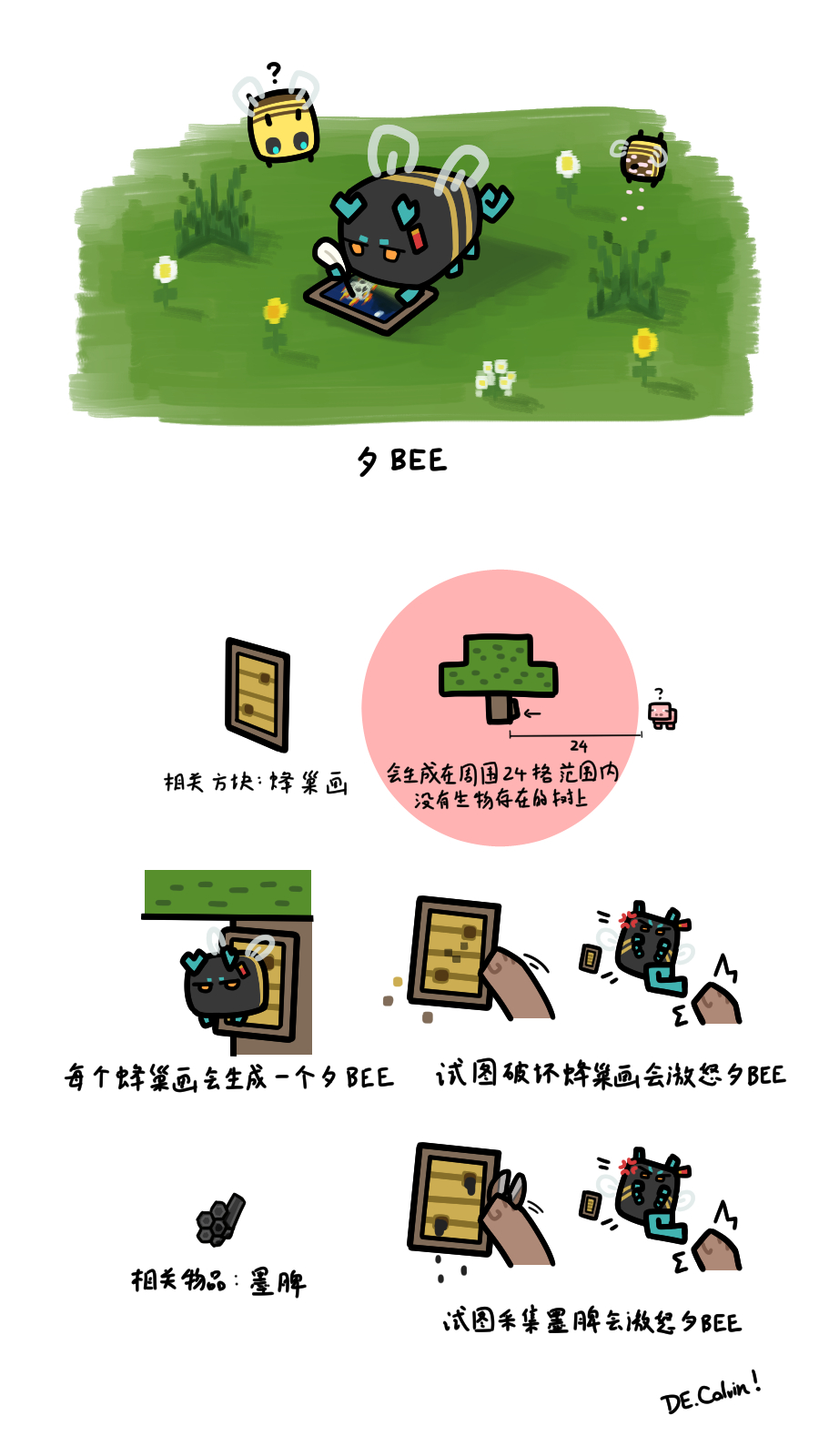 de.calvin, bee (minecraft), dusk (arknights), pig (minecraft), arknights, minecraft, commentary request, highres, translation request, ?, anger vein, animal, animal focus, animalization, bee, blue eyes, bug, drawing tablet, flower, grass, insect, orange eyes, pig, quill, signature, white background, white flower, yellow flower