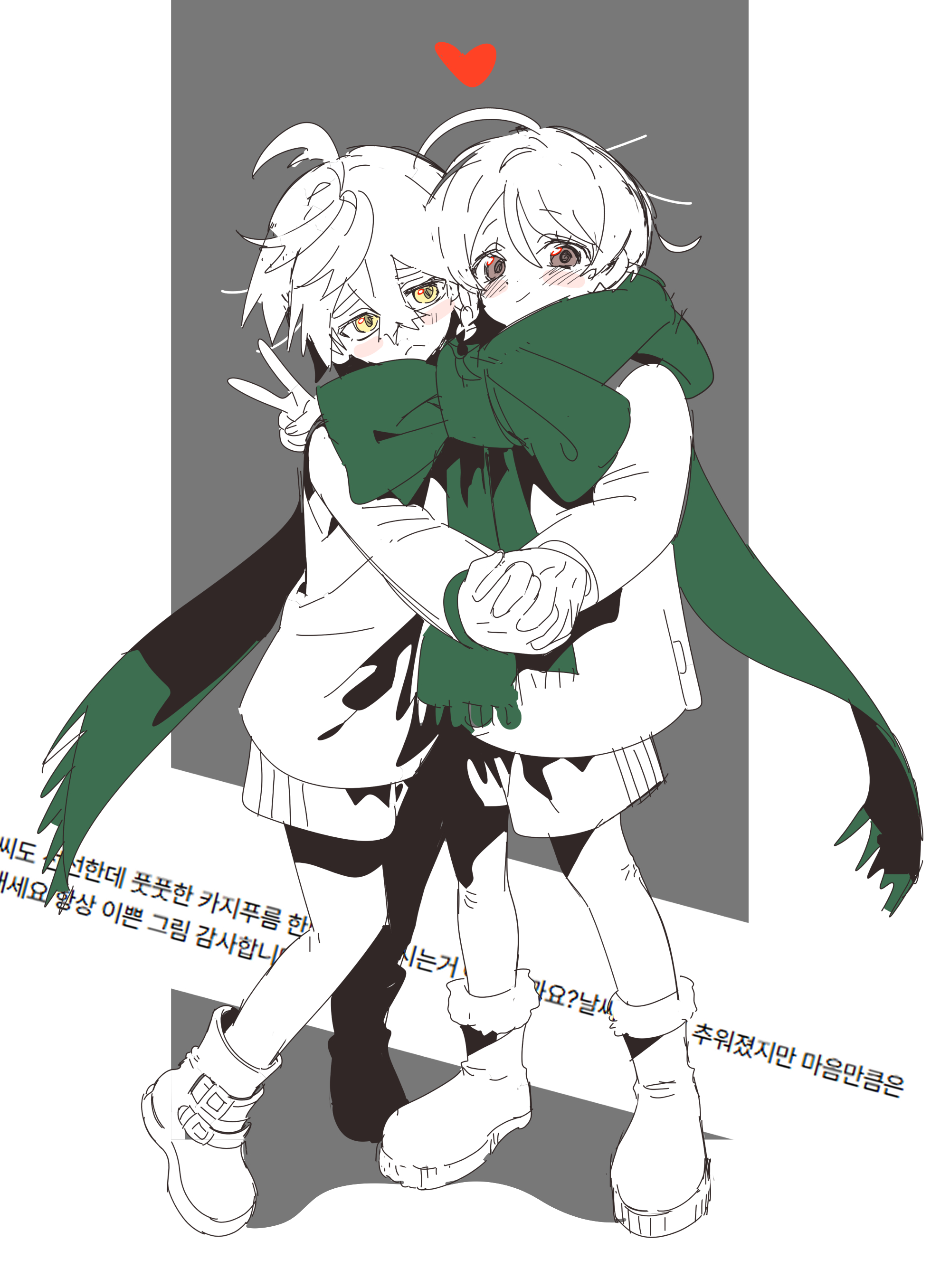 5oh5s2, juliana (pokemon), kieran (pokemon), nintendo, pokemon, pokemon sv, absurdres, highres, translation request, 1boy, 1girl, :<, blush, boots, closed mouth, eyelashes, green scarf, hair between eyes, heart, hetero, holding hands, jacket, korean text, long sleeves, looking at viewer, monochrome, scarf, shared clothes, shared scarf, shorts, simple background, spot color, standing, v, yellow eyes