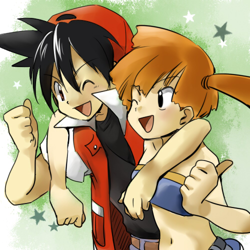 ageha, misty (pokemon), red (pokemon), nintendo, pokemon, pokemon adventures, bad id, bad pixiv id, lowres, 1boy, 1girl, gym leader, hat, hetero, hug, midriff, navel, one eye closed, open mouth, orange hair, short hair, side ponytail, smile, thumbs up, wink