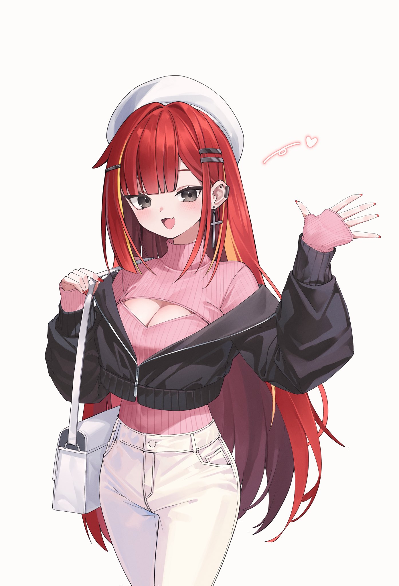 elppi, akane lize, stellive, hashtag-only commentary, highres, 1girl, bag, beret, black jacket, breasts, cleavage, cleavage cutout, clothing cutout, cowboy shot, cross, cross earrings, earclip, earrings, fang, fingernails, grey eyes, hair ornament, hairclip, hands up, hat, jacket, jewelry, large breasts, long hair, long sleeves, looking at viewer, multicolored hair, nail polish, off shoulder, open hand, open mouth, pants, parallel hairclips, parted bangs, partially unzipped, pink sweater, red hair, red nails, ribbed sweater, shoulder bag, simple background, skin fang, sleeves past wrists, smile, solo, standing, streaked hair, sweater, sweater tucked in, thumb hole sleeves, turtleneck, turtleneck sweater, very long hair, virtual youtuber, waving, white background, white hat, white pants