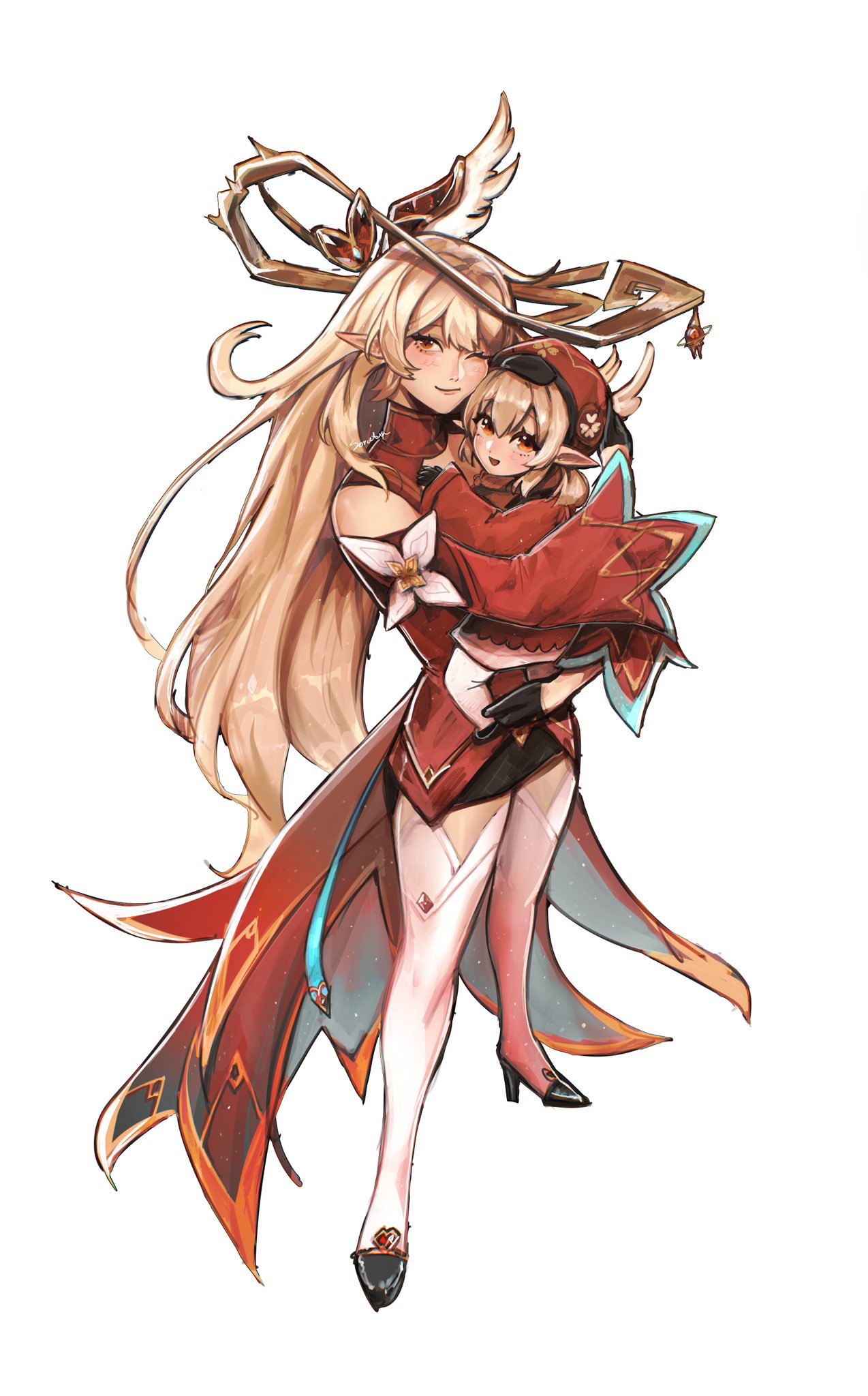 soratxn, alice (genshin impact), klee (genshin impact), genshin impact, highres, 2girls, bare shoulders, black gloves, blonde hair, detached sleeves, gloves, hat, long hair, long sleeves, mother and daughter, multiple girls, pointy ears, red eyes, simple background, thighhighs, white background, white thighhighs, witch, witch hat, zettai ryouiki