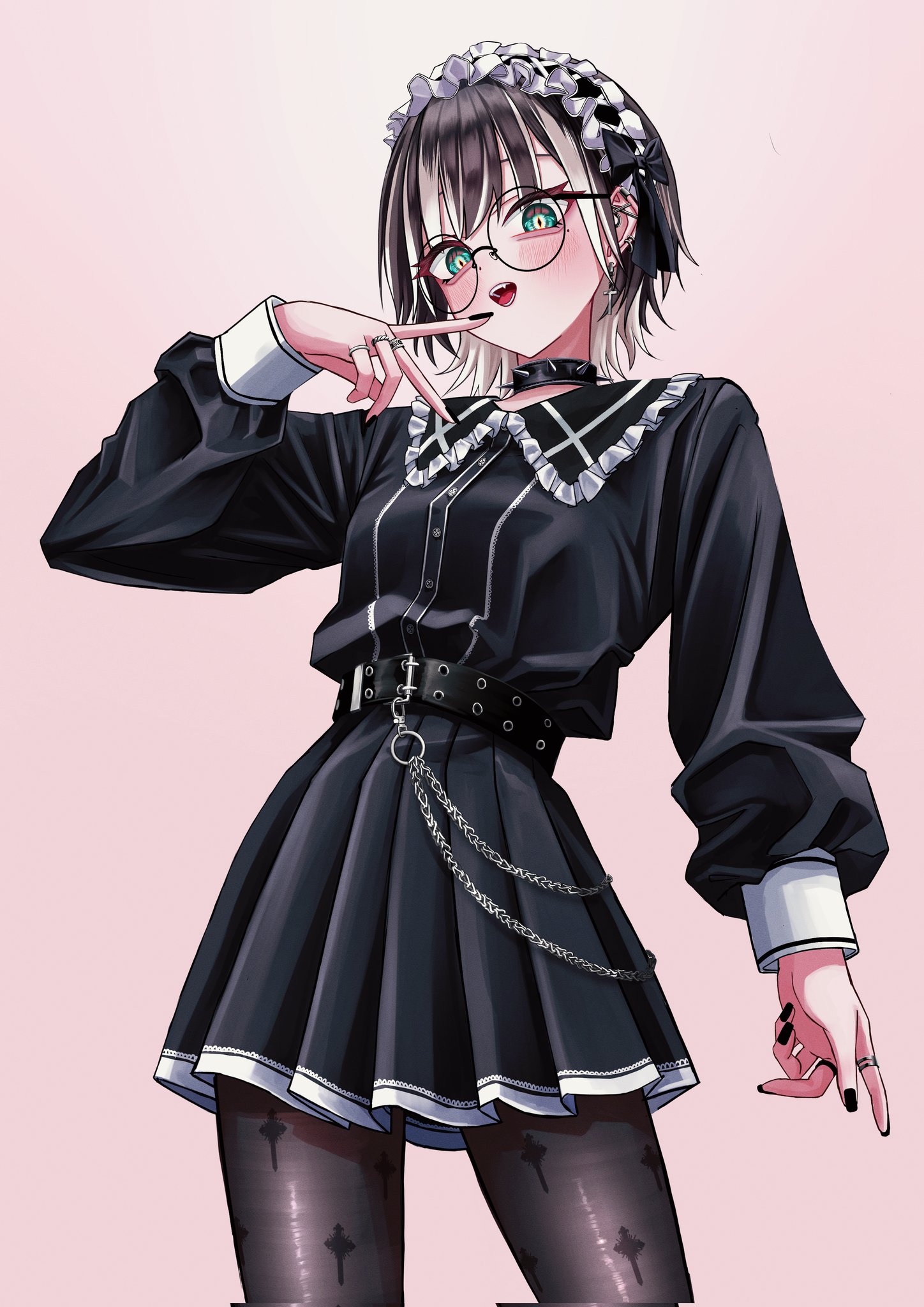 cafeholicer, original, 1girl, belt, black belt, black choker, black hair, black nails, black pantyhose, black shirt, black skirt, blush, chain, choker, collar, cowboy shot, cross, ear piercing, earrings, frills, glasses, green eyes, hairband, jewelry, long sleeves, looking at viewer, maid headdress, multicolored hair, multiple rings, nail polish, open mouth, pantyhose, piercing, pleated skirt, ring, round eyewear, shirt, short hair, simple background, skirt, solo, spikes, teeth, v, white hair
