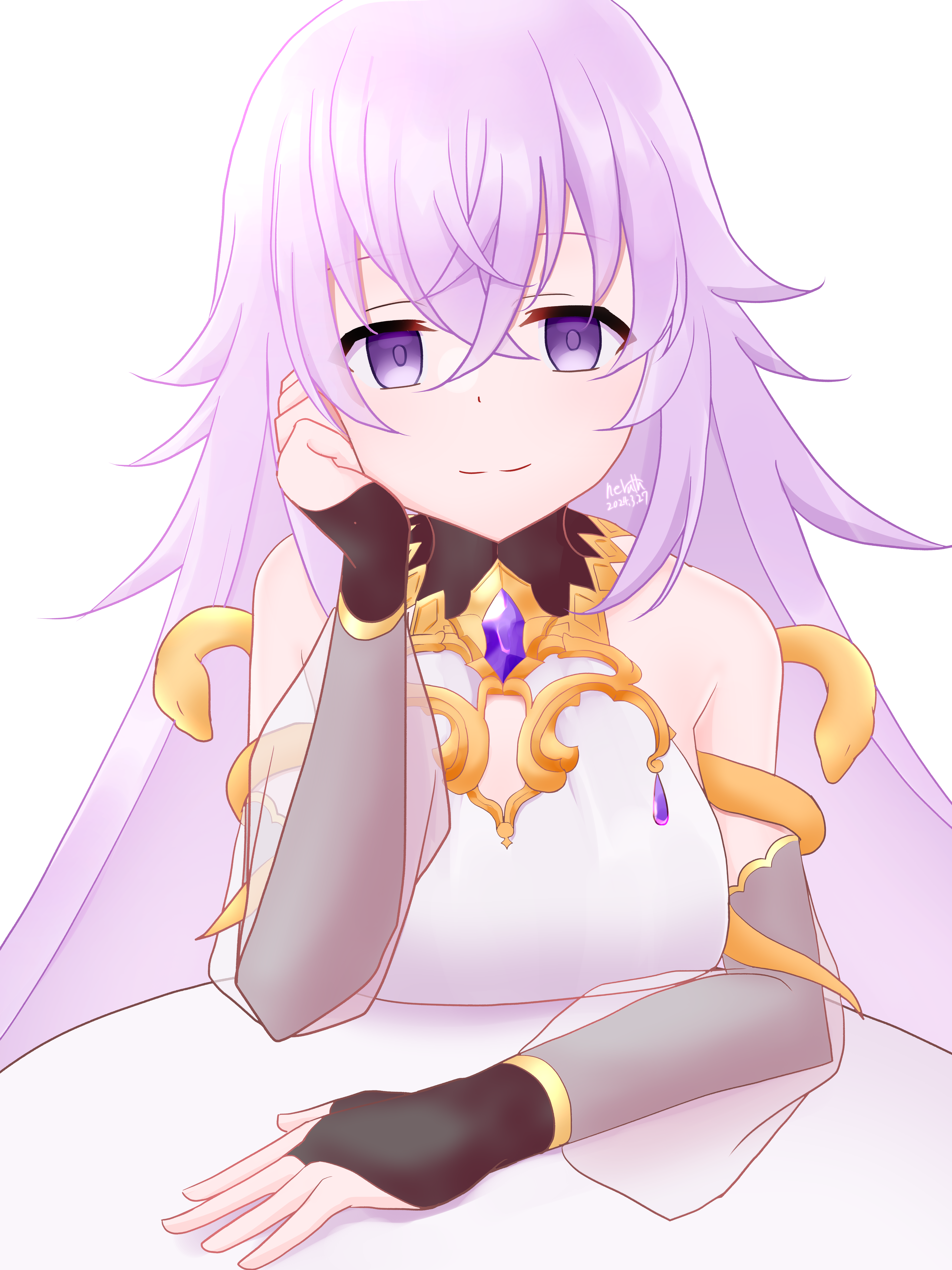 neruth, magic mirror (grimms notes), grimms notes, bare shoulders, black bridal gauntlets, breasts, bridal gauntlets, cleavage cutout, clothing cutout, head rest, large breasts, looking at viewer, simple background, sitting, upper body, white background