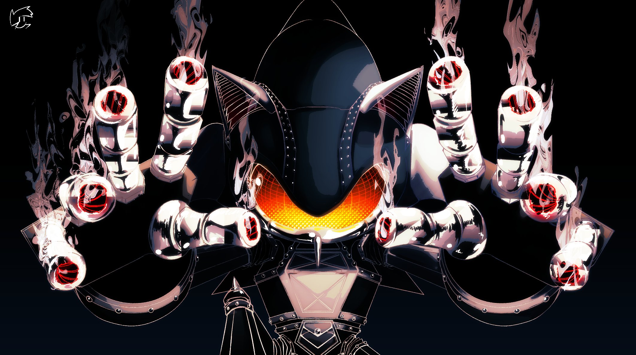 uug naa, sonic (series), sonic adventure, commentary, english commentary, highres, 1boy, black background, finger gun, kneeling, male focus, mecha sonic mkiii, robot, smoke, solo