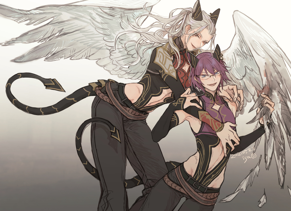 shoden, ran nagisa, saegusa ibara, ensemble stars!, commentary request, 2boys, angel wings, belt, black belt, black pants, blue eyes, brown eyes, clothing cutout, dated, detached sleeves, feathered wings, feathers, glasses, gradient background, grey background, hip vent, hug, hug from behind, long hair, looking at viewer, male focus, medium hair, midriff, multiple boys, open mouth, pants, parted lips, ponytail, purple hair, smile, stomach cutout, tail, white wings, wings