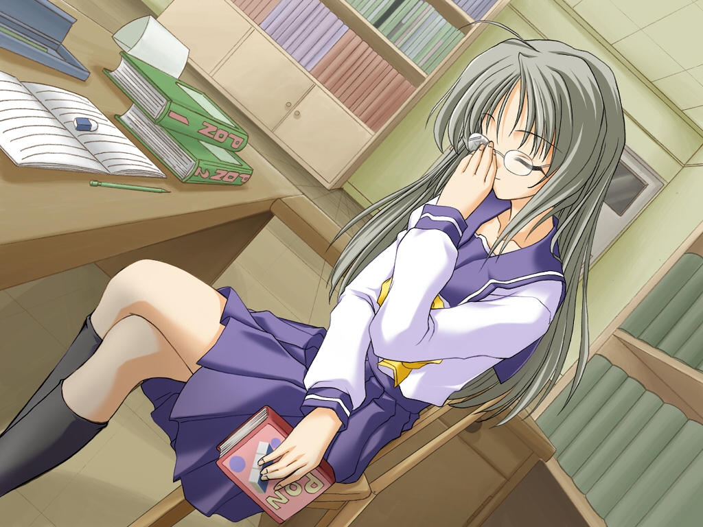 matsuo yukihiro, futami shion, memories off, game cg, 1girl, book, closed eyes, crossed legs, female focus, glasses, library, long hair, school uniform, sitting, solo