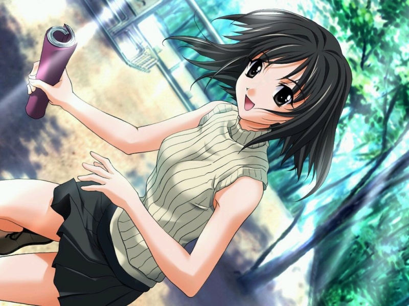 sasaki mutsumi, tobise tomoe, memories off, memories off 2nd, game cg, 1girl, black eyes, black hair, brown eyes, brown hair, day, dutch angle, female focus, outdoors, short hair, skirt, solo, turtleneck