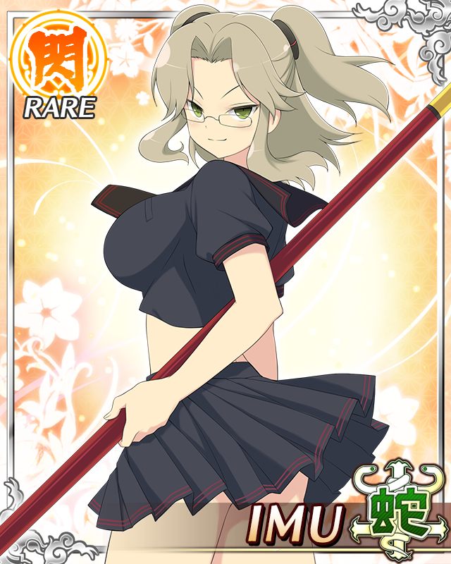 imu (senran kagura), senran kagura, senran kagura new wave, game cg, official art, third-party source, 1girl, black necktie, black sailor collar, border, breasts, brown hair, card (medium), character name, closed mouth, crop top, cropped shirt, from behind, glasses, green eyes, hebijo academy school uniform, holding, holding staff, large breasts, looking at viewer, looking back, medium hair, midriff, necktie, parted bangs, pleated skirt, sailor collar, school uniform, short twintails, skirt, smile, solo, staff, twintails