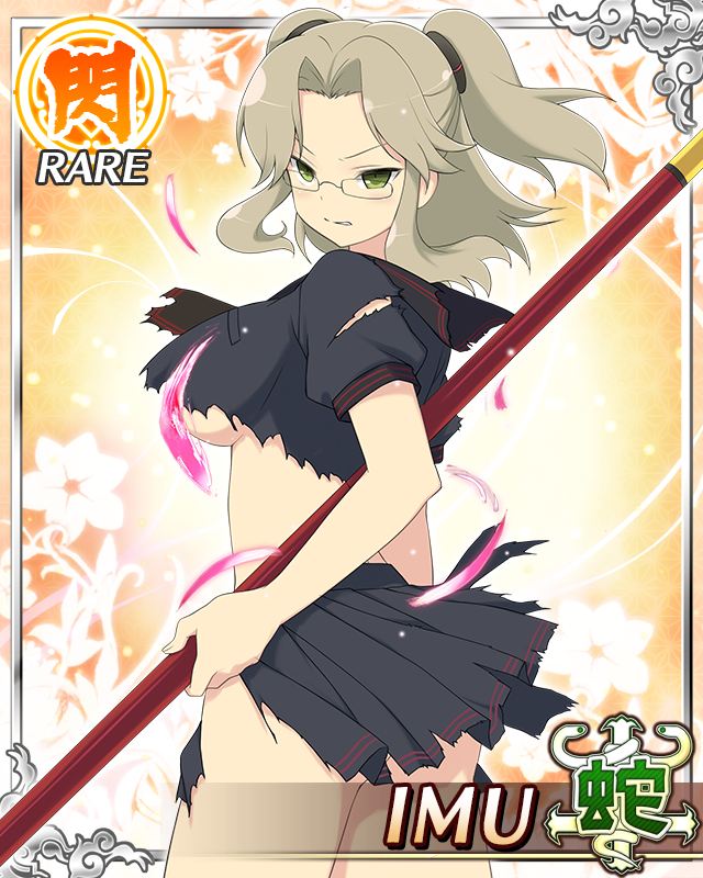 imu (senran kagura), senran kagura, senran kagura new wave, game cg, official art, third-party source, 1girl, aura, black necktie, black sailor collar, border, breasts, brown hair, card (medium), character name, closed mouth, crop top, cropped shirt, from behind, glasses, green eyes, grimace, hebijo academy school uniform, holding, holding staff, large breasts, looking at viewer, looking back, medium hair, midriff, necktie, parted bangs, pleated skirt, sailor collar, school uniform, shirt, short twintails, skirt, solo, staff, torn clothes, torn shirt, torn skirt, twintails, underboob