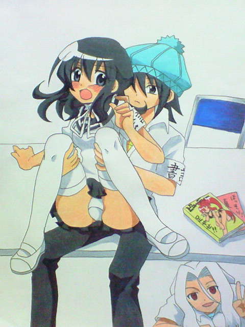 don (102558), kinoshita tomeo, nijinose saki, yamata shuu, onidere, 1girl, 2boys, black hair, blue eyes, blush, legs, multiple boys, panties, school uniform, sitting, skirt, socks, table, thighhighs, thighs, underwear, zettai ryouiki