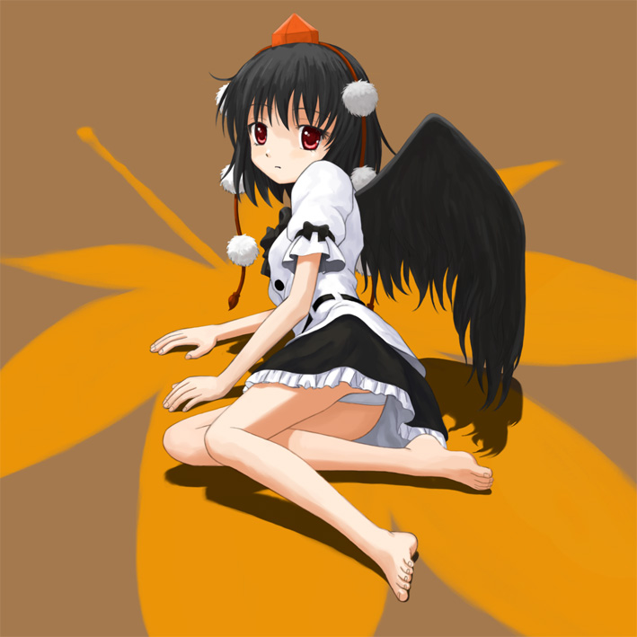 isozaki bebebe, shameimaru aya, touhou, bad id, bad pixiv id, 1girl, barefoot, black hair, black wings, expressionless, feet, female focus, hat, looking at viewer, panties, pantyshot, red eyes, solo, tokin hat, underwear, upskirt, wings