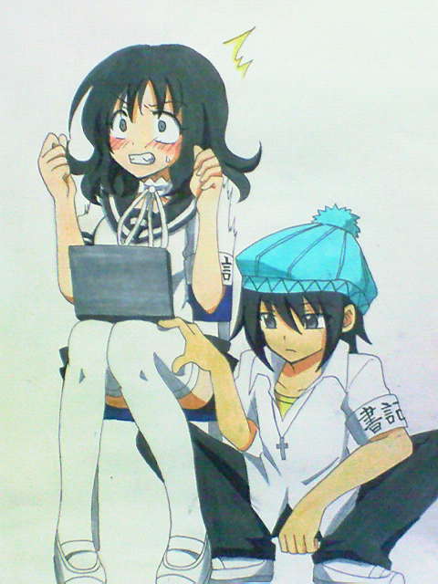 don (102558), nijinose saki, yamata shuu, onidere, black hair, blue eyes, blush, legs, school uniform, sitting, skirt, socks, squatting, thighhighs, thighs, zettai ryouiki