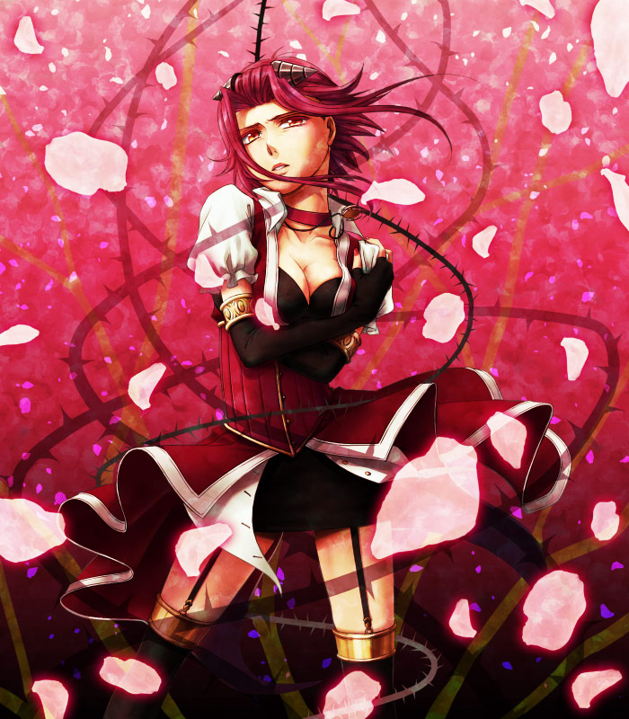 izayoi aki, yu-gi-oh!, yu-gi-oh! 5d's, 00s, 1girl, black thighhighs, breasts, choker, cleavage, dress, elbow gloves, female focus, gloves, jewelry, large breasts, red hair, short hair, solo, thighhighs, yellow eyes