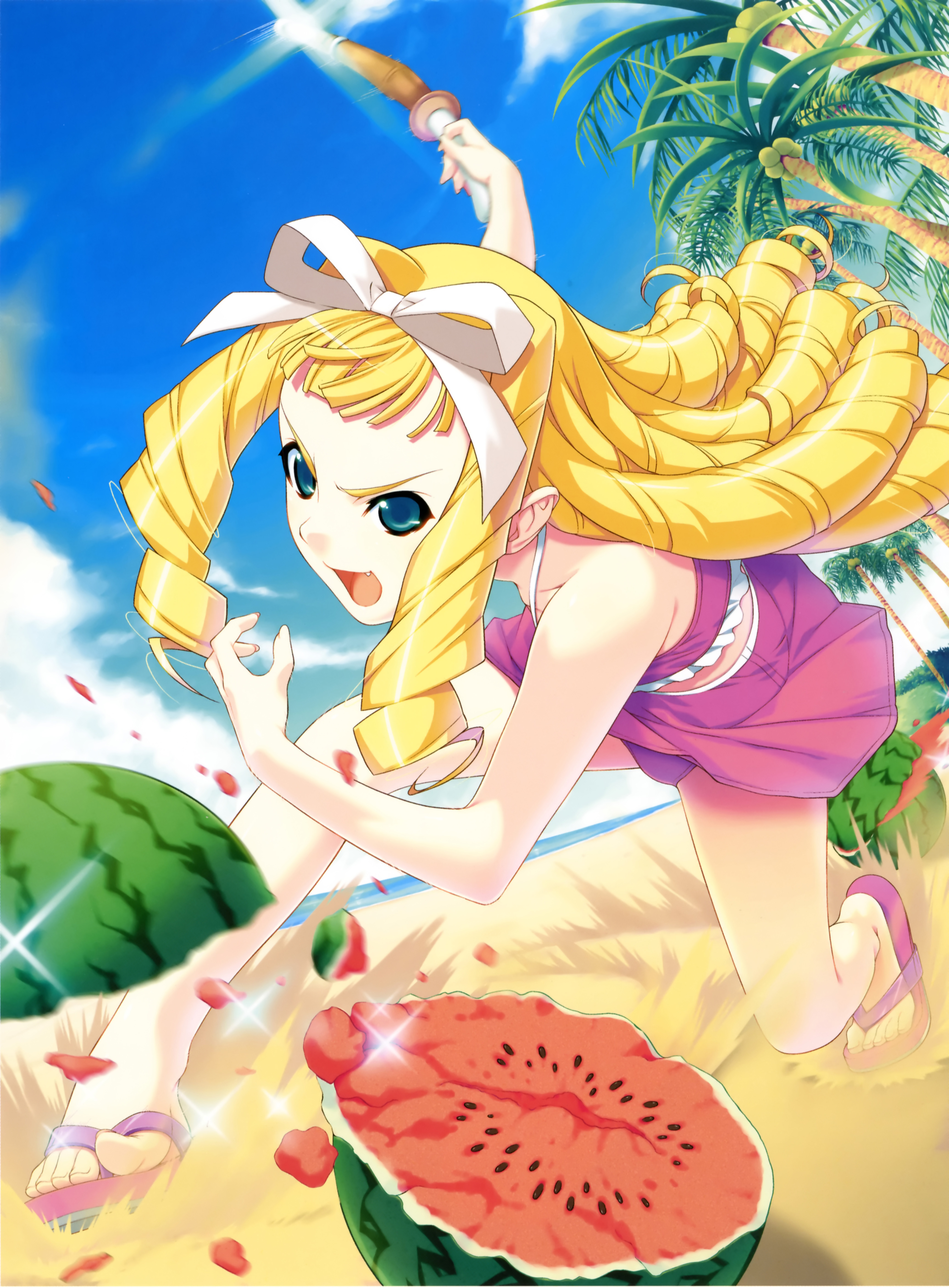 ino (magloid), shinmeiji rinn, yuuki emiri, kimihagu, oshioki sweetie, absurdres, highres, non-web source, 00s, action, beach, blonde hair, blue eyes, breaking, drill hair, feet, flip-flops, food, fruit, hair ribbon, long hair, motion blur, open mouth, ribbon, sand, sandals, shinai, solo, sword, watermelon, weapon, wooden sword