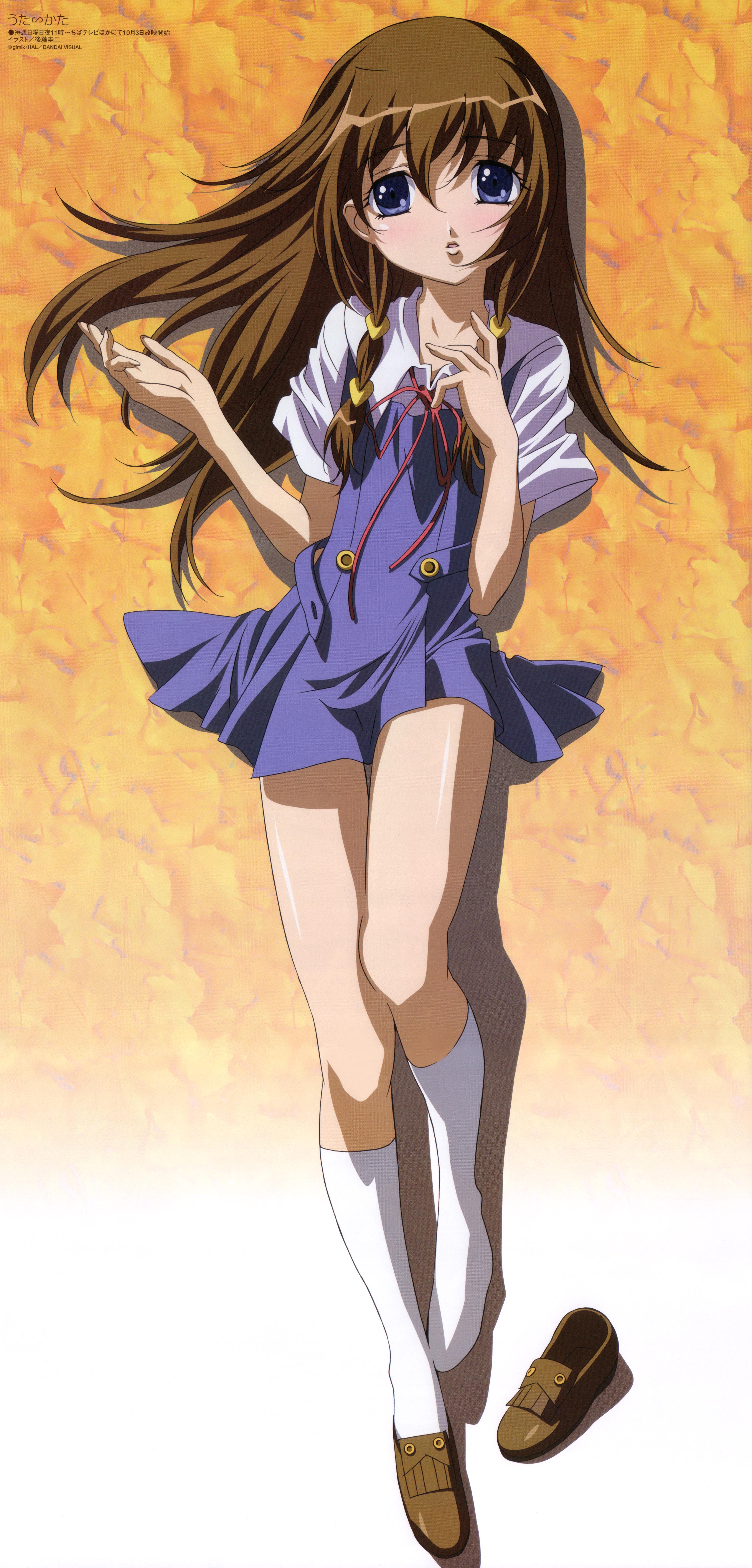 gotou keiji, tachibana ichika, utakata, absurdres, highres, 00s, blue eyes, brown hair, fingernails, flat chest, full body, long fingernails, long hair, school uniform, shoes, single shoe, skirt, socks, solo