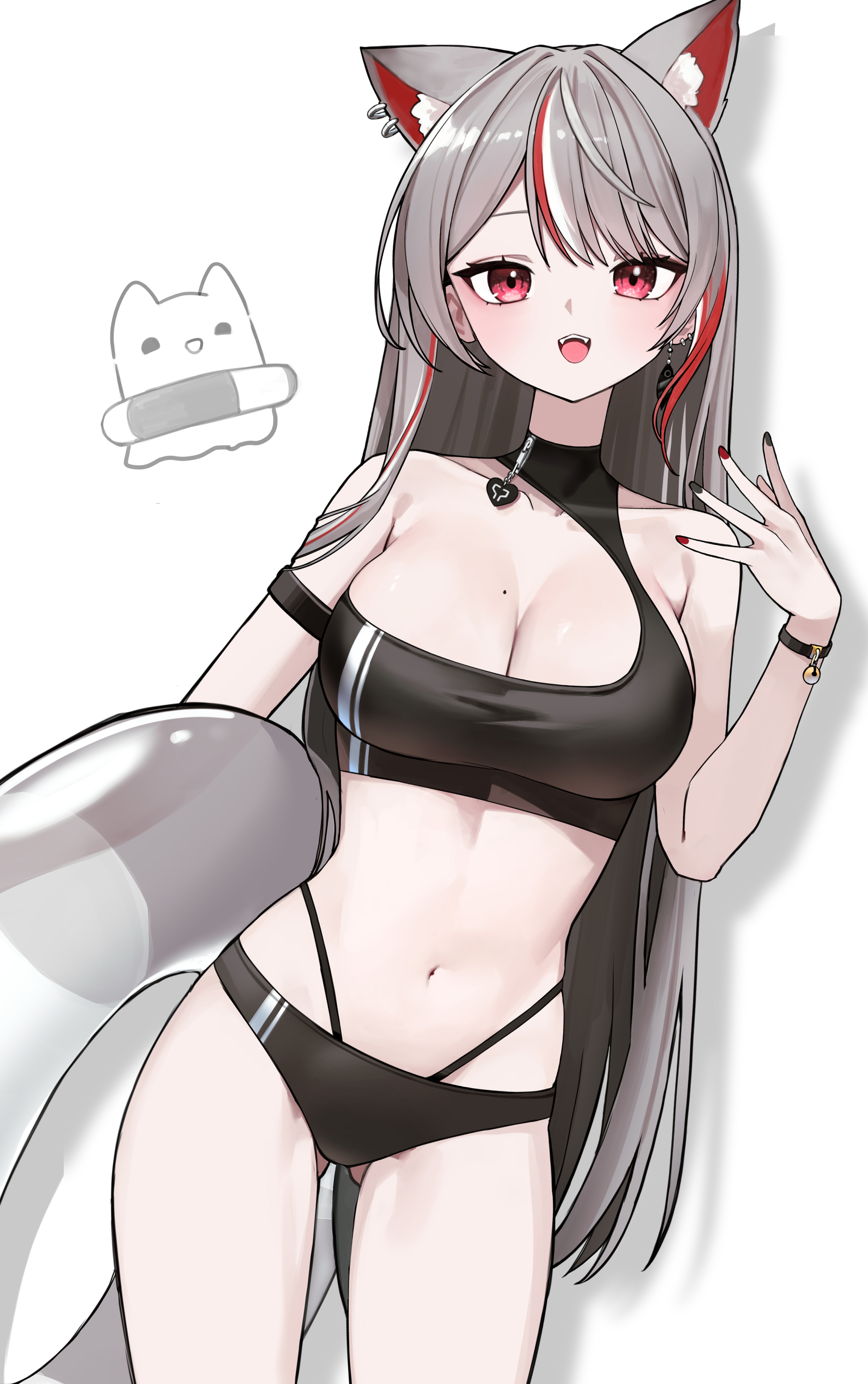 elppi, maro (neneko mashiro), neneko mashiro, stellive, absurdres, hashtag-only commentary, highres, 1girl, animal ear fluff, animal ears, arm at side, bikini, black bikini, breasts, cleavage, cowboy shot, earrings, ghost, gluteal fold, grey hair, hand up, holding, holding swim ring, innertube, jewelry, large breasts, long hair, mole, mole on breast, multicolored hair, navel, open mouth, parted bangs, red eyes, simple background, smile, solo, standing, stomach, straight hair, streaked hair, swim ring, swimsuit, very long hair, virtual youtuber, white background