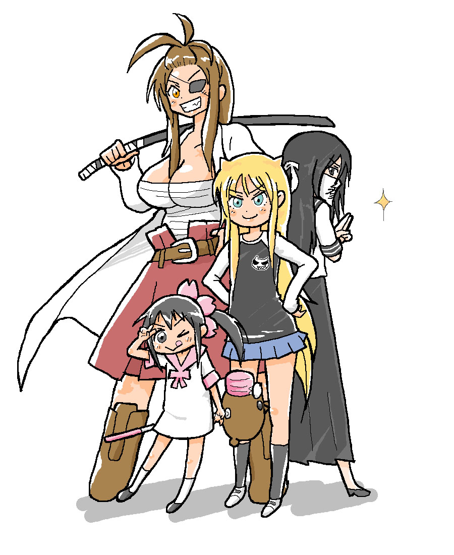 jammer, akitsuka momo, asobiya mitsuki, ikushima saya, suzune yuna, onidere, 4girls, ;q, age difference, antenna hair, belt, black eyes, black hair, blonde hair, blue eyes, bokken, boots, breasts, brown eyes, brown hair, child, cleavage, coat, dress, eyepatch, fang, grin, hands on own hips, large breasts, long hair, mallet, mask, multiple girls, one eye closed, orange eyes, ponytail, raglan sleeves, sarashi, school uniform, serafuku, skirt, smile, socks, sword, tongue, tongue out, trench coat, v, weapon, wink, wooden sword